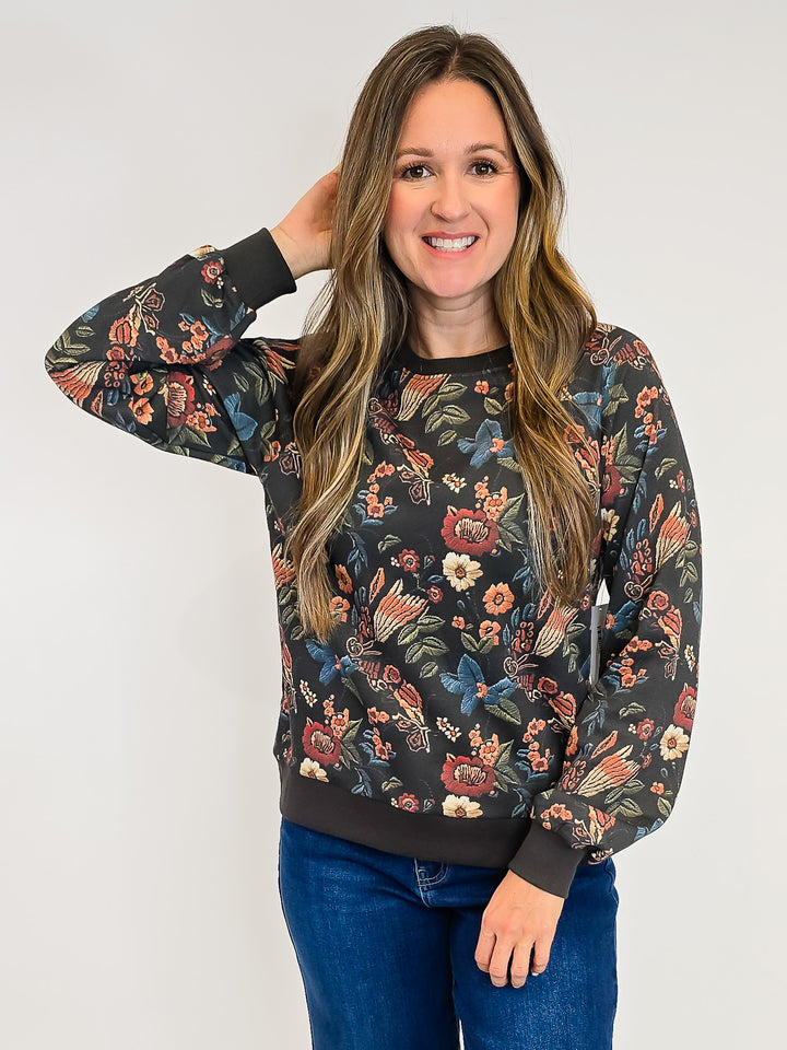 FLORAL PRINTED SWEATSHIRT - CHARCOAL