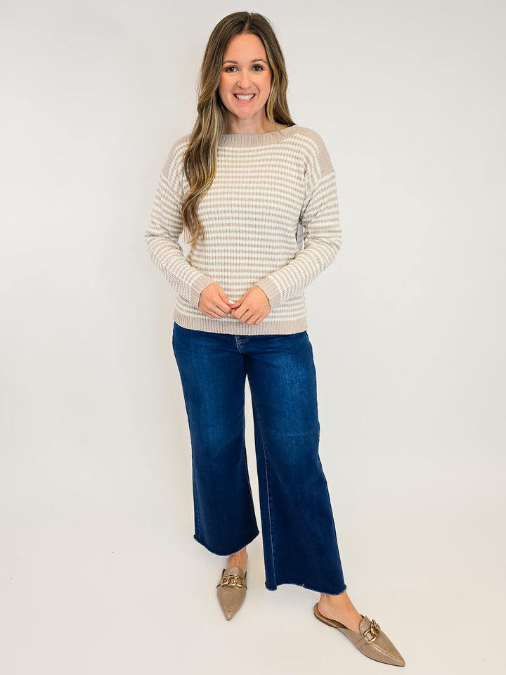 STRIPED BOAT NECK SWEATER - OATMEAL
