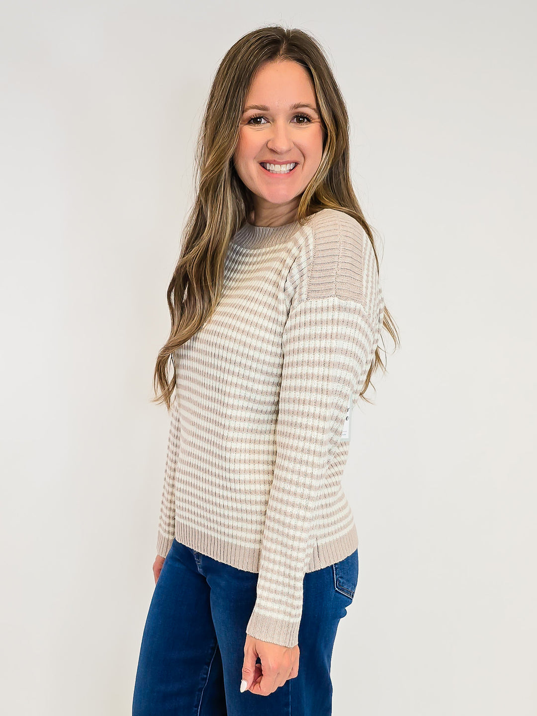 STRIPED BOAT NECK SWEATER - OATMEAL