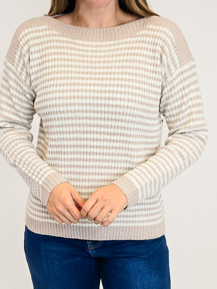 STRIPED BOAT NECK SWEATER - OATMEAL