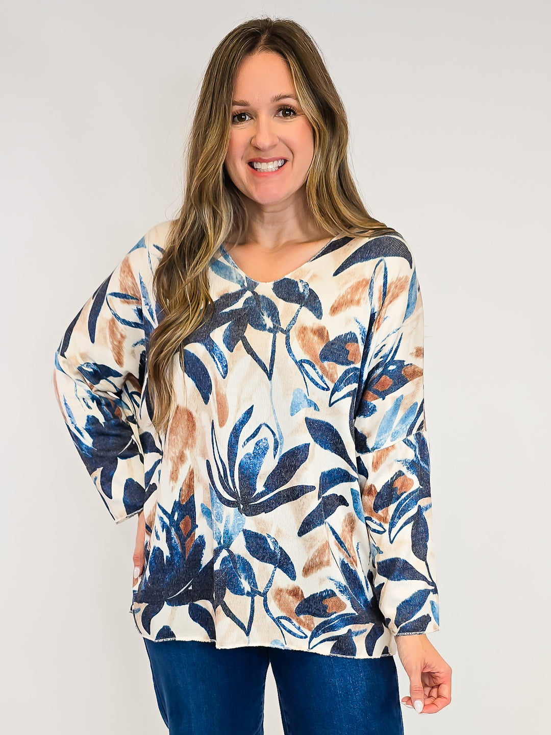 V-NECK DOLMAN SLEEVE TOP - ONE SIZE - FALL FLORAL NAVY/TAN