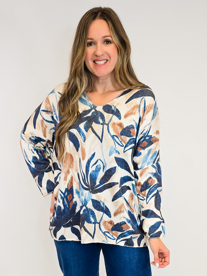 V-NECK DOLMAN SLEEVE TOP - ONE SIZE - FALL FLORAL NAVY/TAN