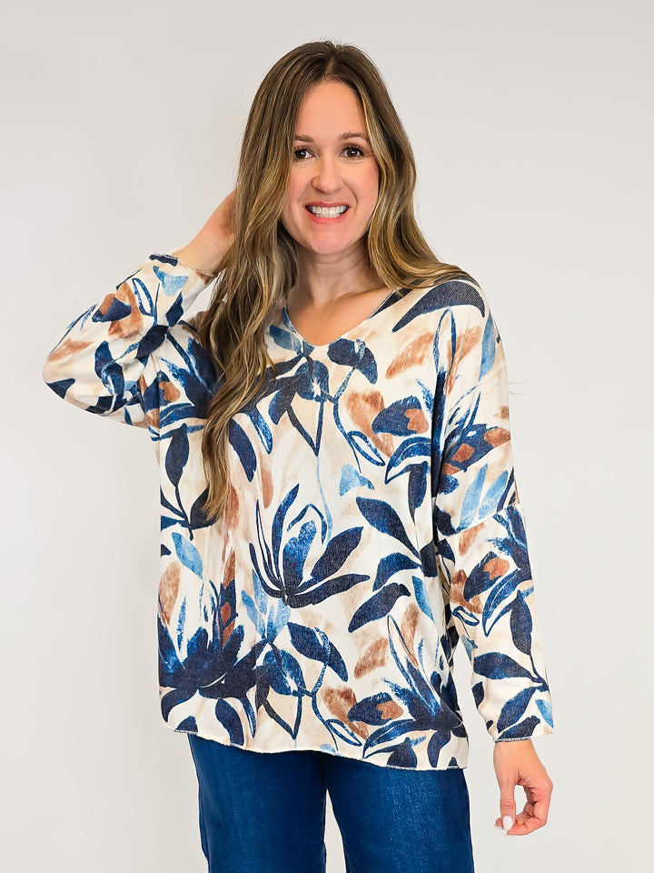 V-NECK DOLMAN SLEEVE TOP - ONE SIZE - FALL FLORAL NAVY/TAN
