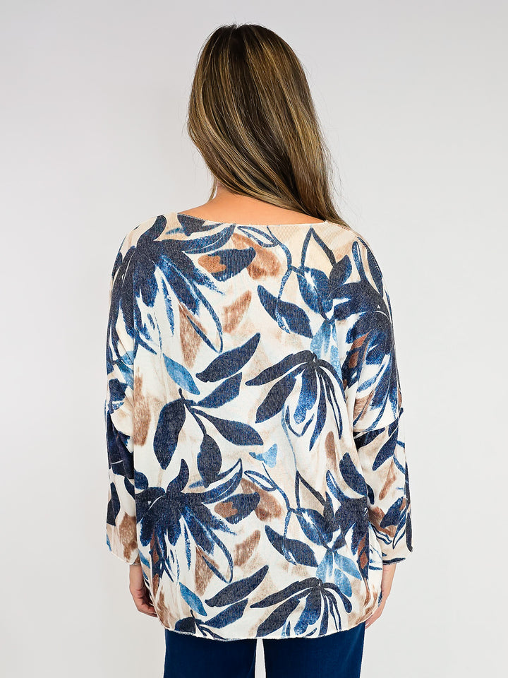 V-NECK DOLMAN SLEEVE TOP - ONE SIZE - FALL FLORAL NAVY/TAN