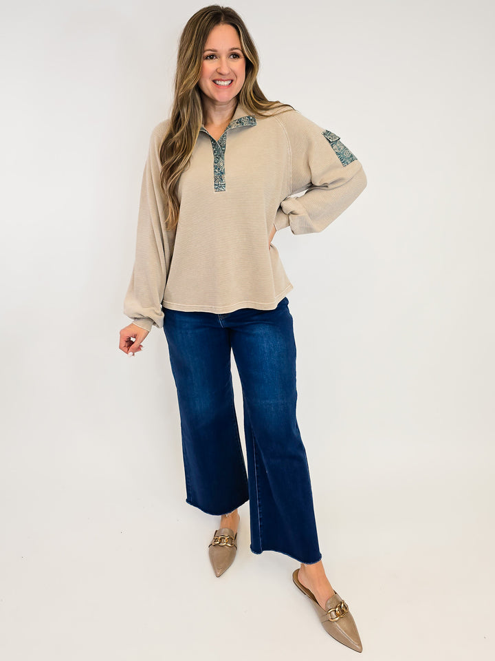 WASHED RIBBED TERRY COLLARED PULLOVER - KHAKI