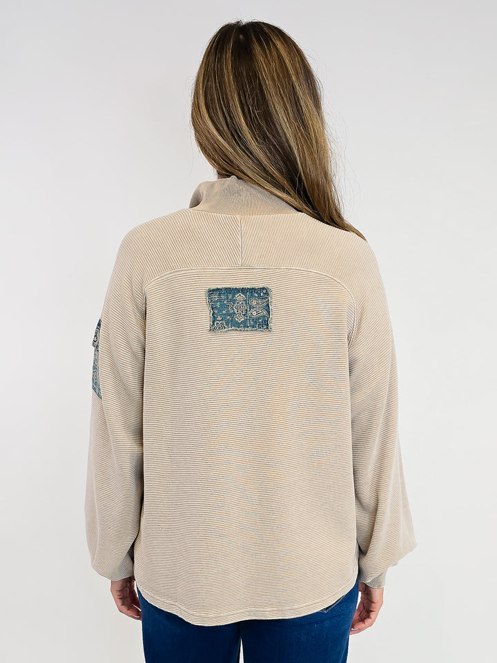 WASHED RIBBED TERRY COLLARED PULLOVER - KHAKI
