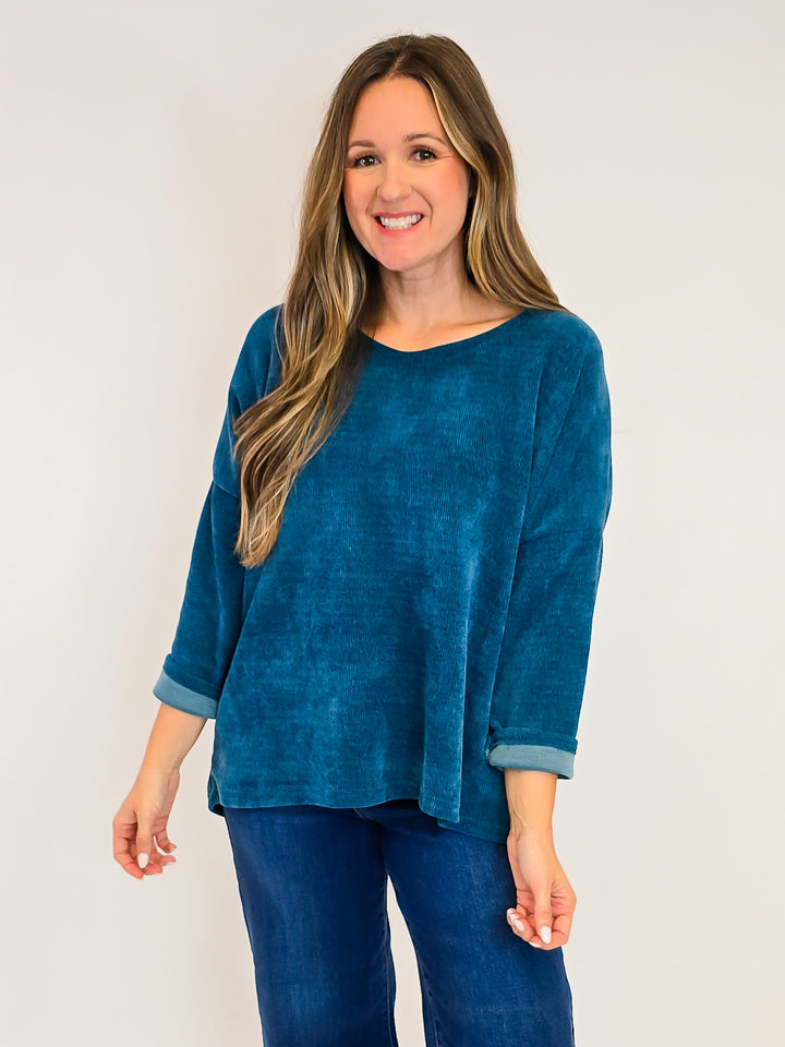 3/4 SLEEVE TEXTURED DROP SHOULDER TOP - ONE SIZE - DARK TEAL