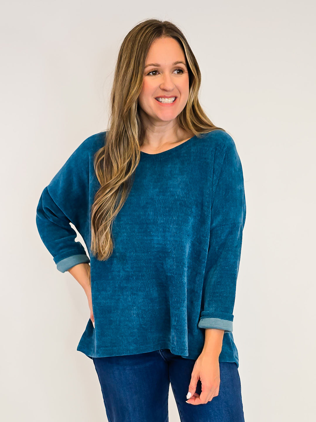 3/4 SLEEVE TEXTURED DROP SHOULDER TOP - ONE SIZE - DARK TEAL