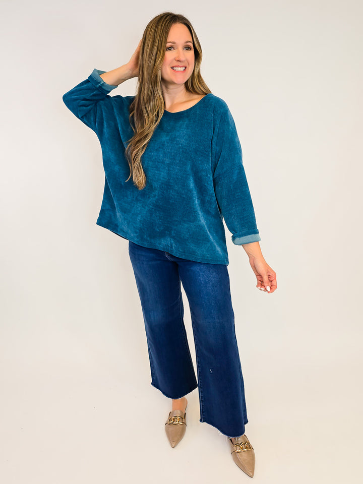 3/4 SLEEVE TEXTURED DROP SHOULDER TOP - ONE SIZE - DARK TEAL