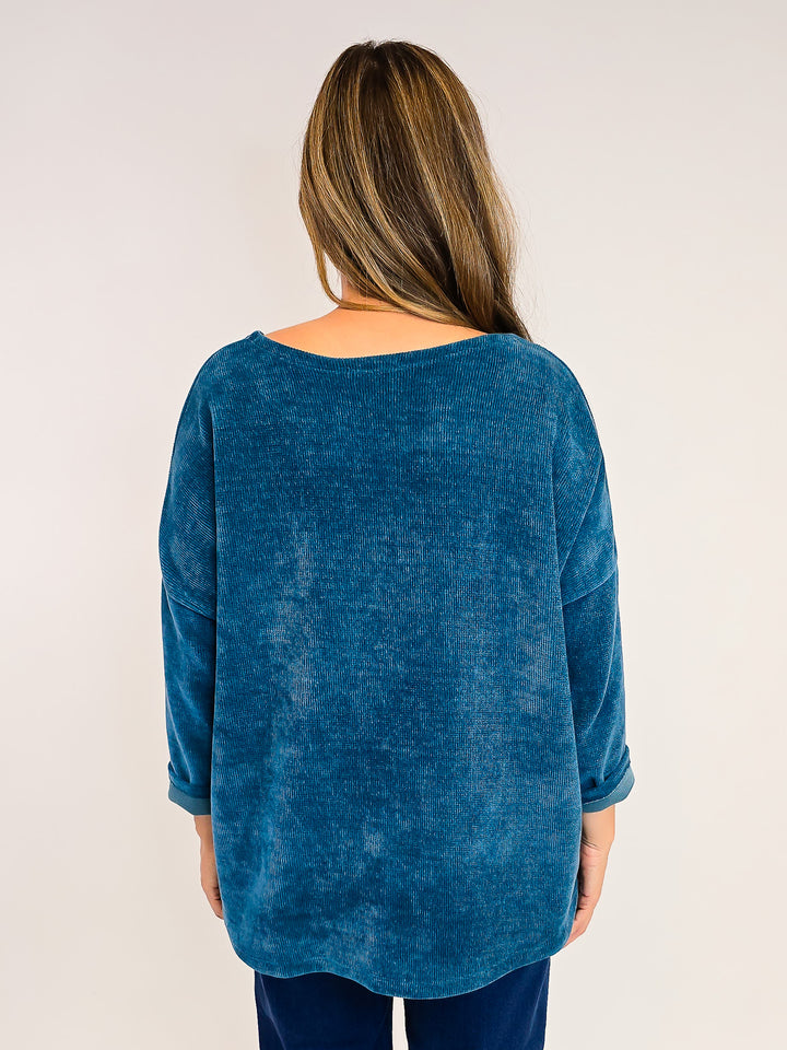 3/4 SLEEVE TEXTURED DROP SHOULDER TOP - ONE SIZE - DARK TEAL