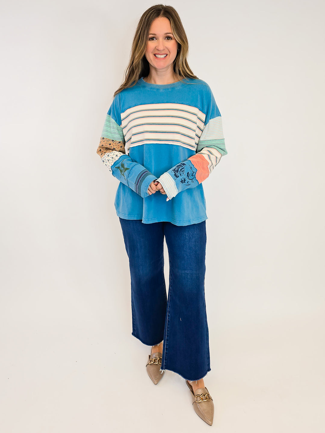 STRIPE MIX TERRY SOFT WASHED PULLOVER - FADED TEAL
