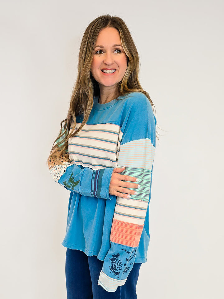 STRIPE MIX TERRY SOFT WASHED PULLOVER - FADED TEAL