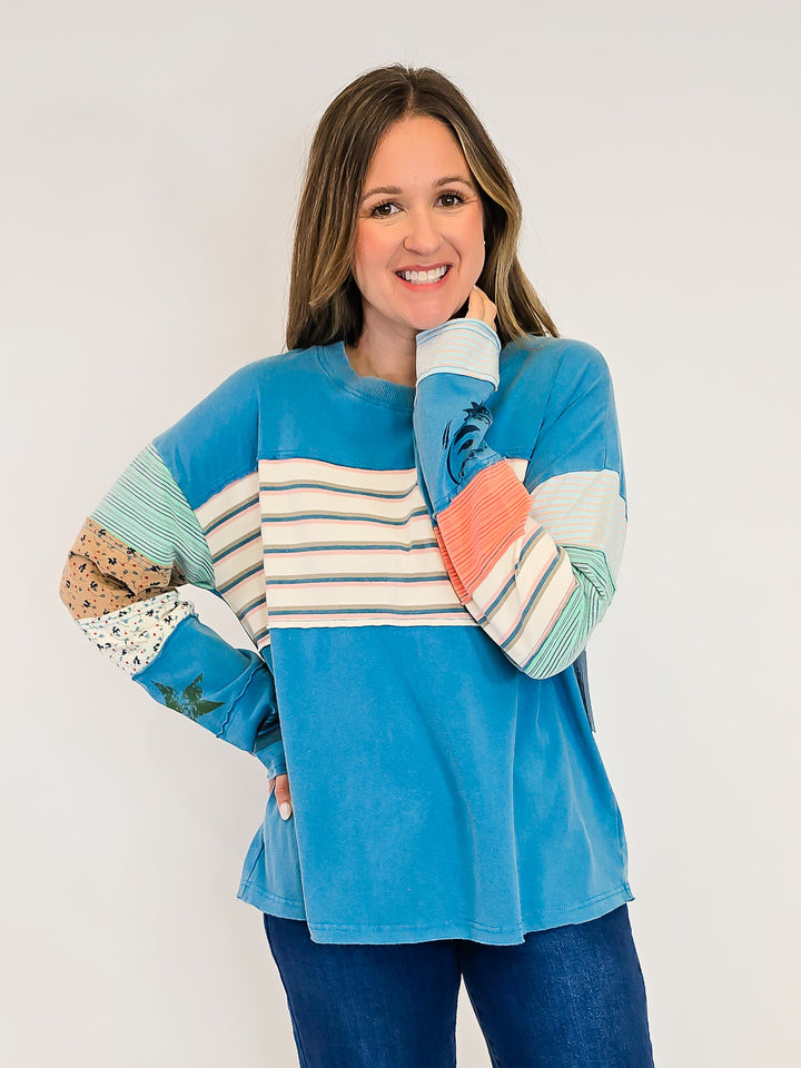 STRIPE MIX TERRY SOFT WASHED PULLOVER - FADED TEAL