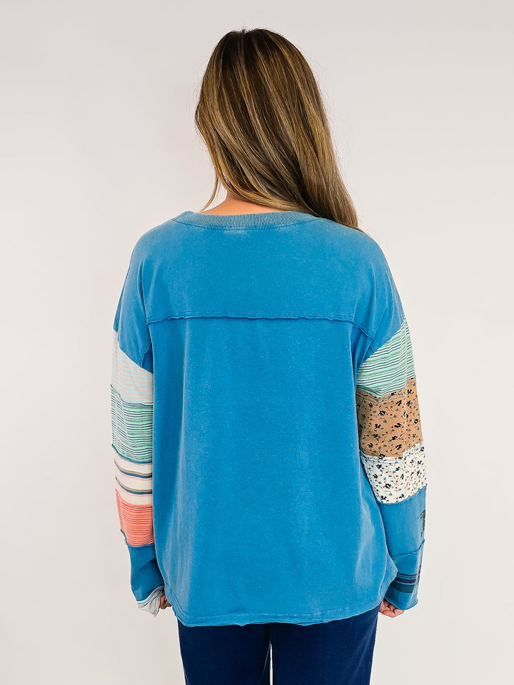 STRIPE MIX TERRY SOFT WASHED PULLOVER - FADED TEAL