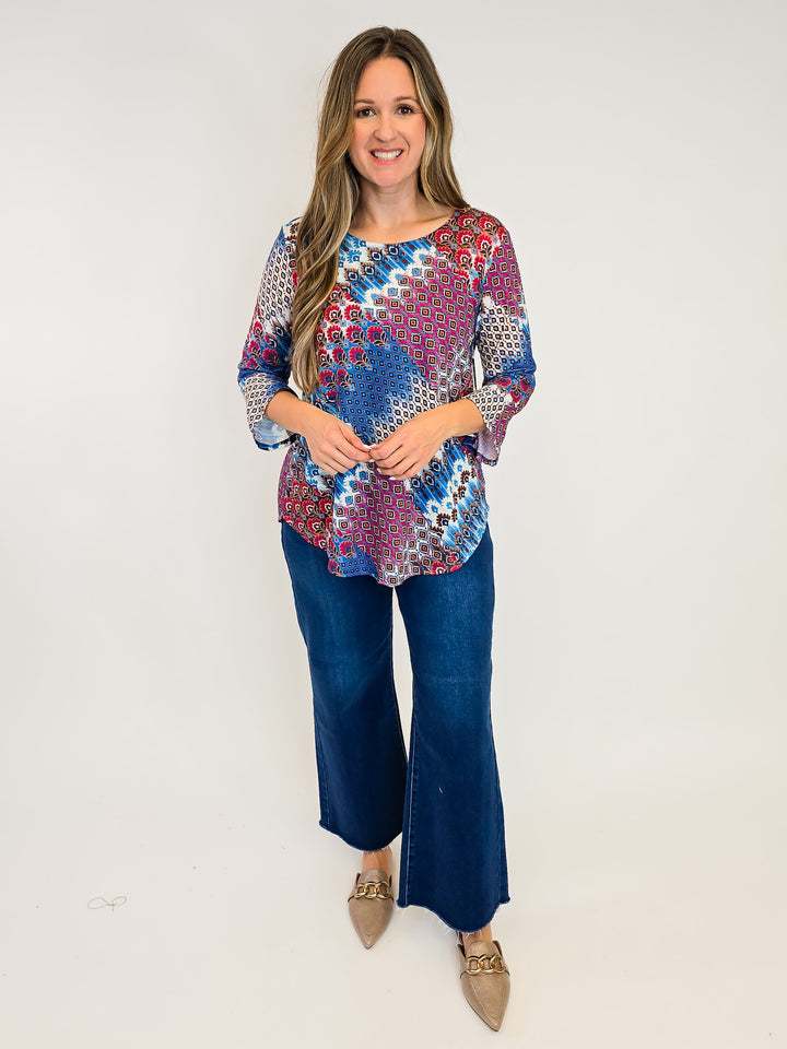 3/4 SLEEVE ROUND NECK PRINTED TOP - FUCHSIA/BLUE