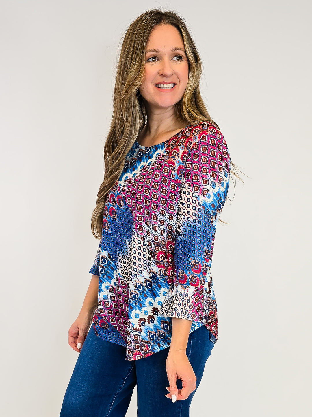3/4 SLEEVE ROUND NECK PRINTED TOP - FUCHSIA/BLUE