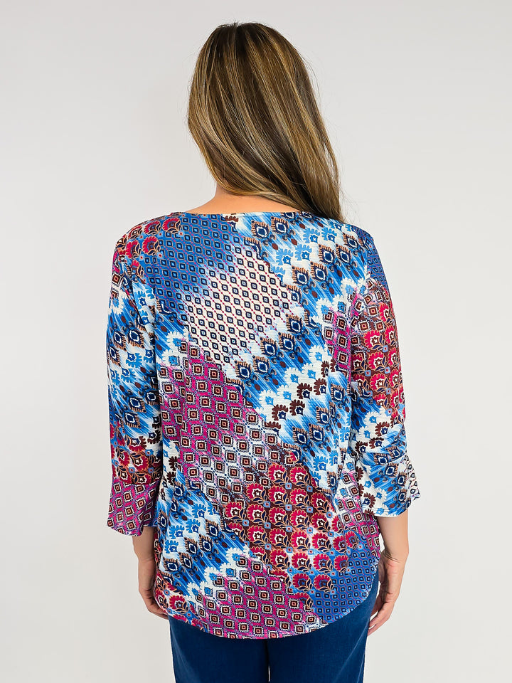 3/4 SLEEVE ROUND NECK PRINTED TOP - FUCHSIA/BLUE