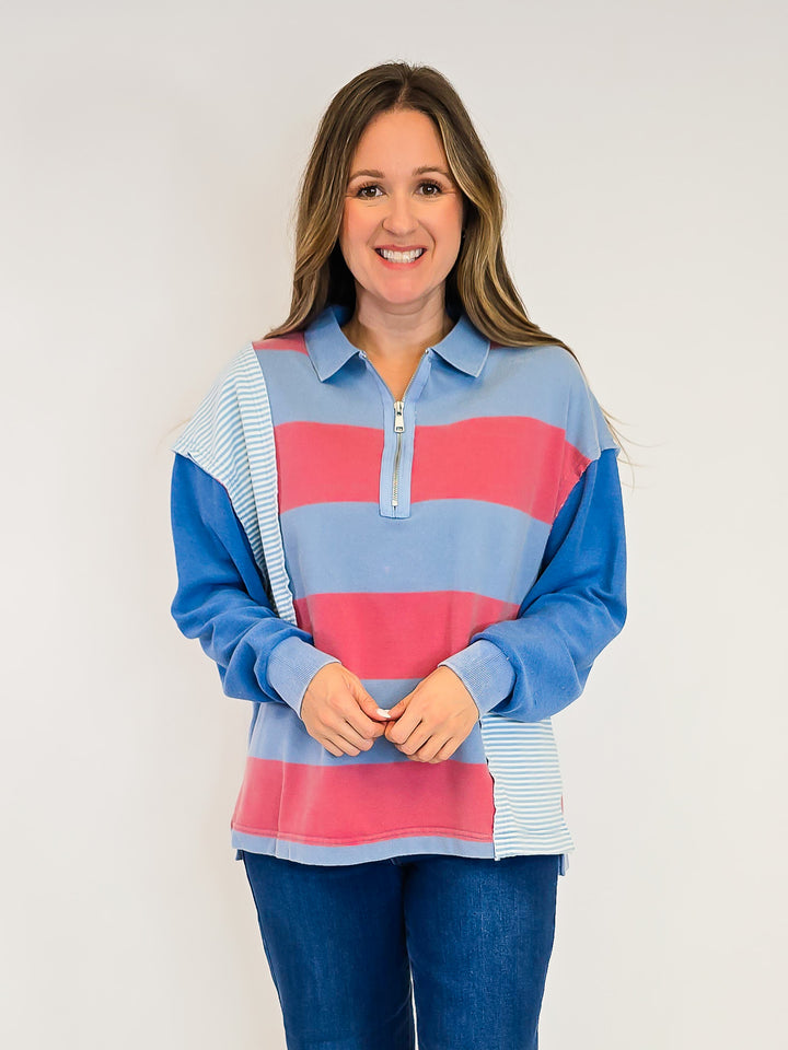 MINERAL WASHED COLOR BLOCKED TOP - DENIM