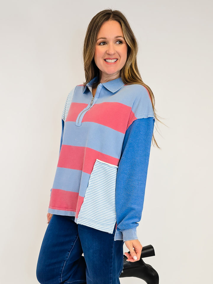 MINERAL WASHED COLOR BLOCKED TOP - DENIM