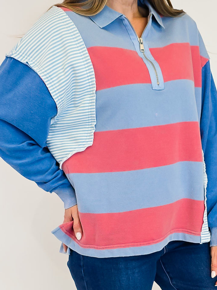 MINERAL WASHED COLOR BLOCKED TOP - DENIM