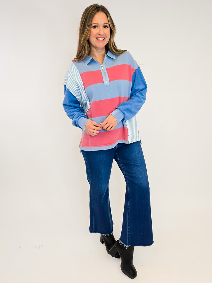 MINERAL WASHED COLOR BLOCKED TOP - DENIM