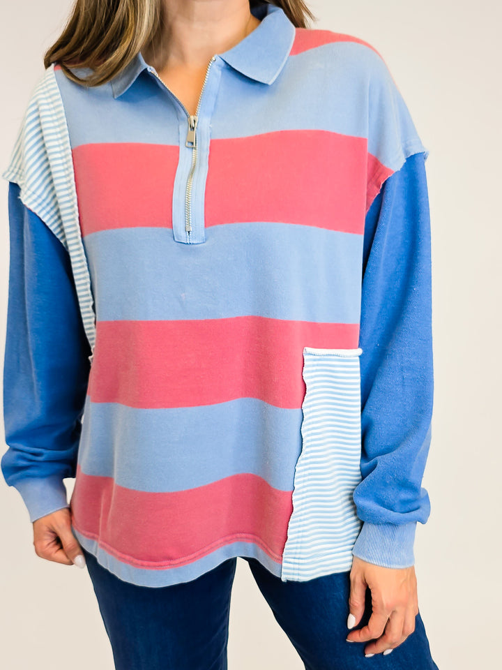 MINERAL WASHED COLOR BLOCKED TOP - DENIM