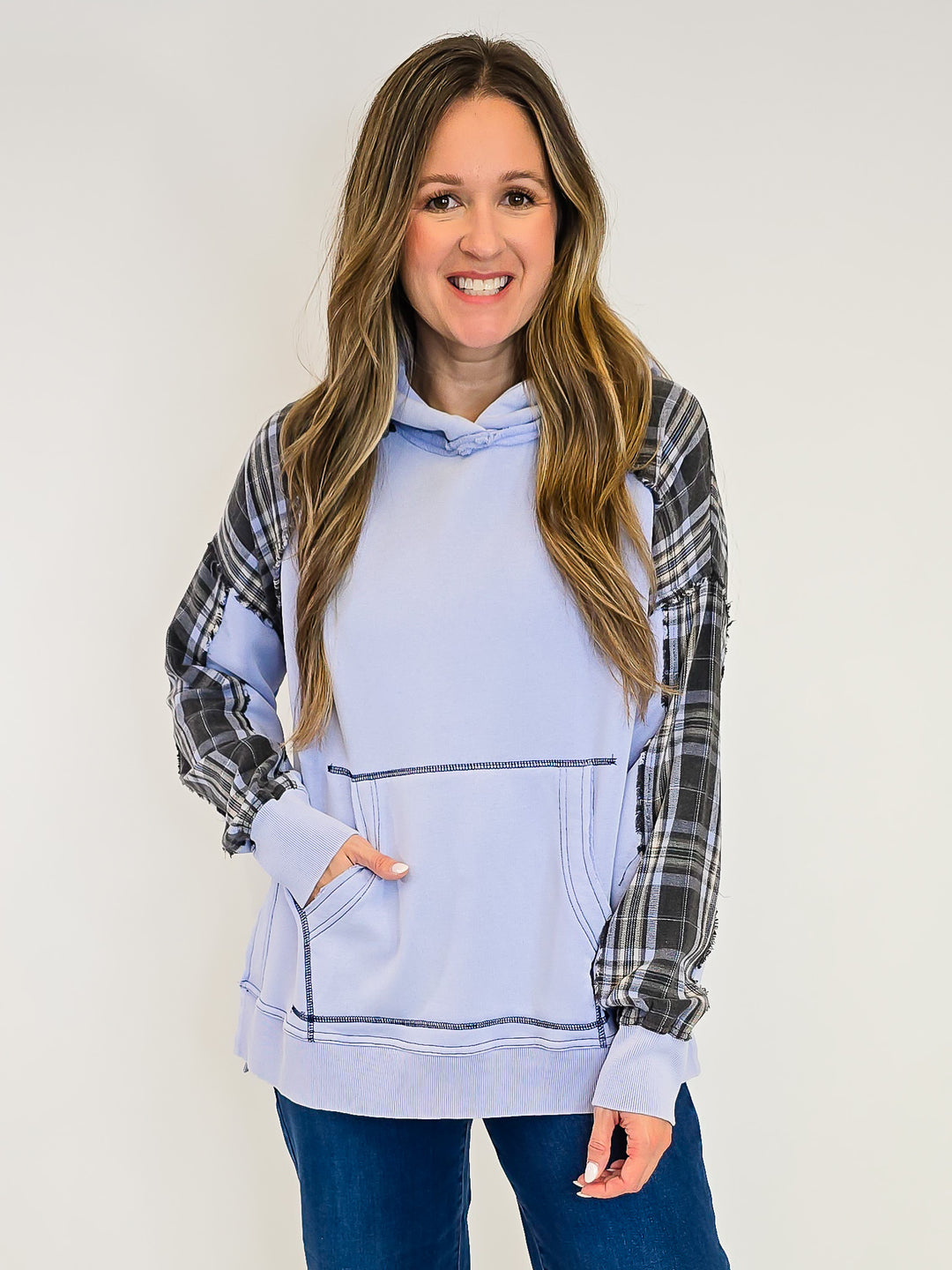PLAID MIX TERRY PULLOVER HOODIE - PERI BLUE