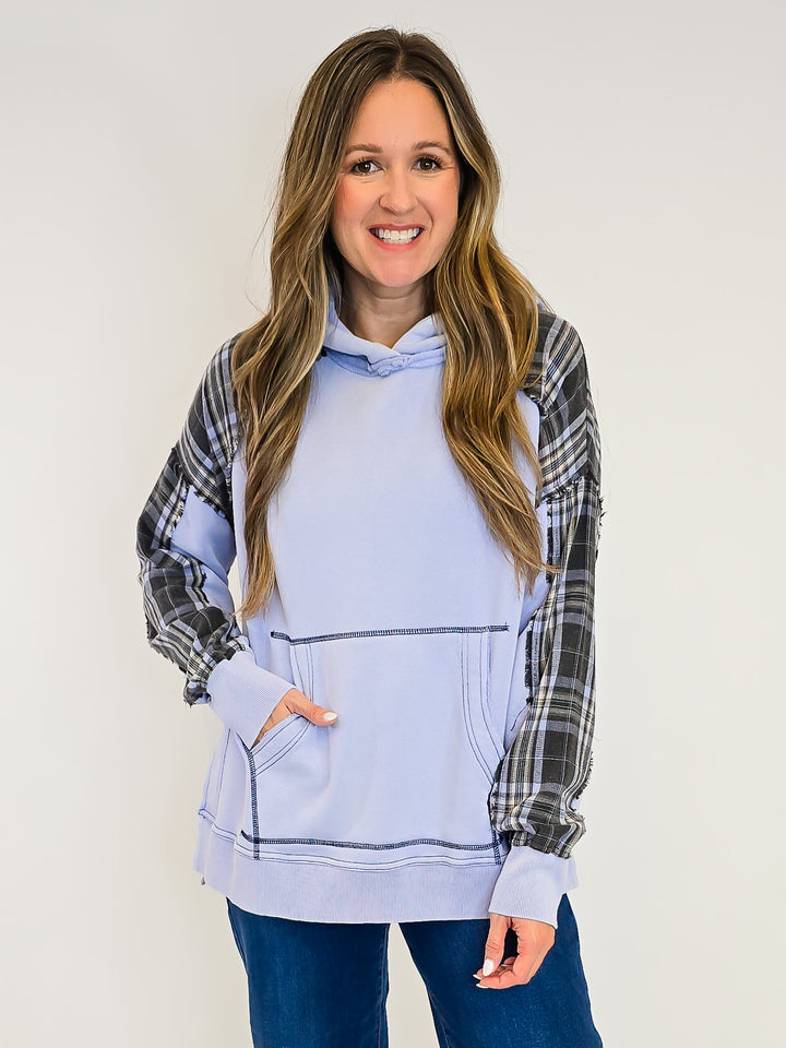 PLAID MIX TERRY PULLOVER HOODIE - PERI BLUE