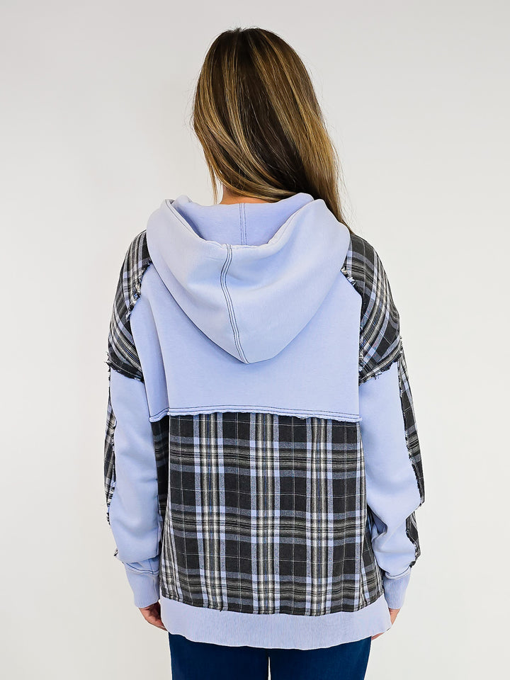 PLAID MIX TERRY PULLOVER HOODIE - PERI BLUE