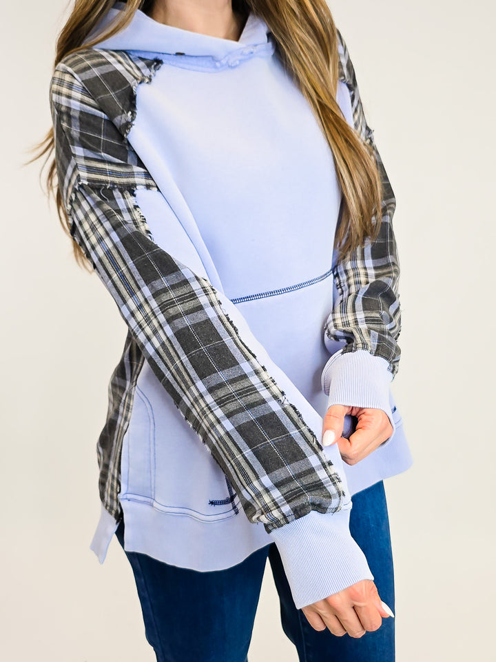 PLAID MIX TERRY PULLOVER HOODIE - PERI BLUE