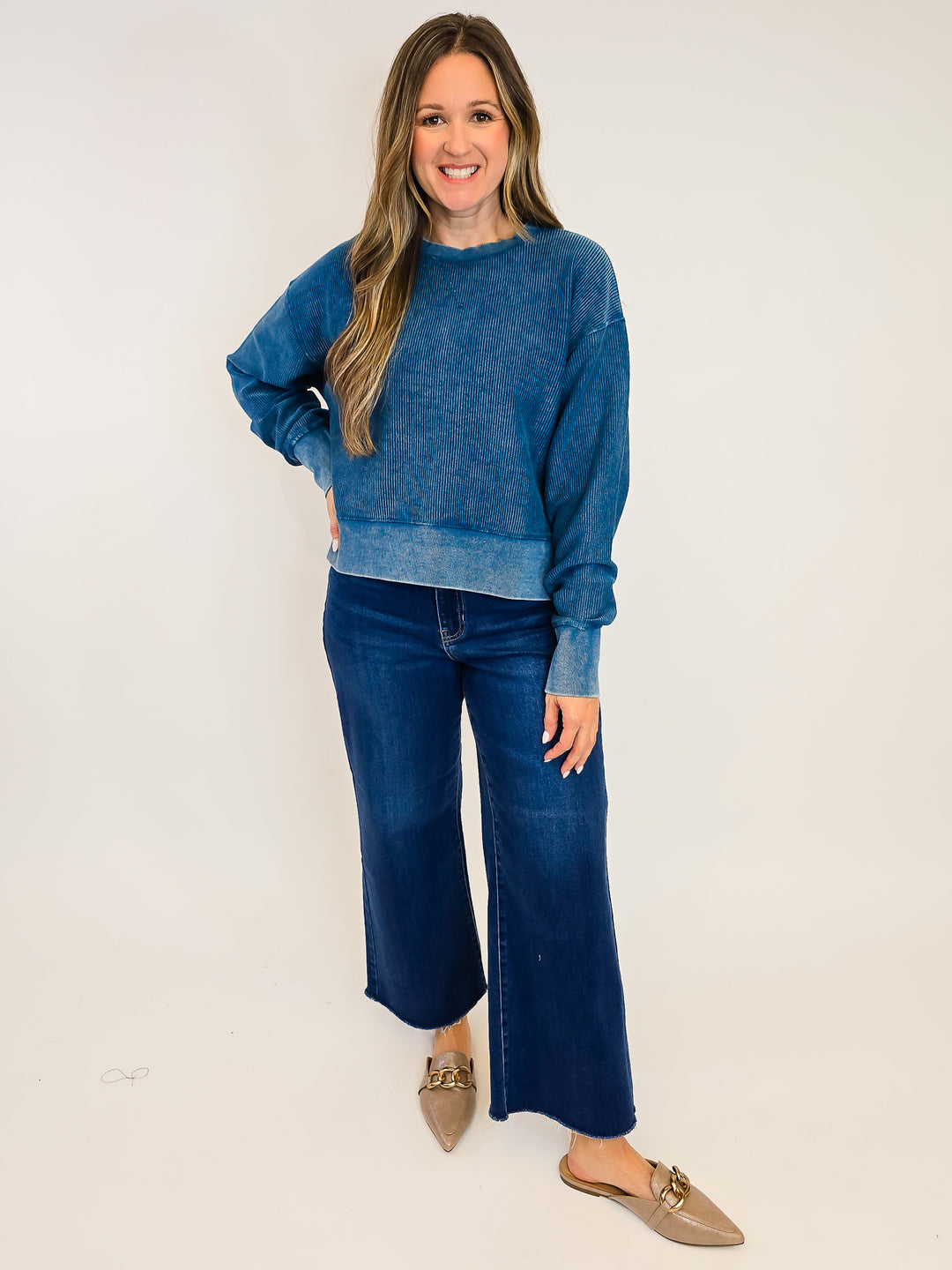 CORDED CROPPED SIDE SLIT CREW NECK PULLOVER - NAVY