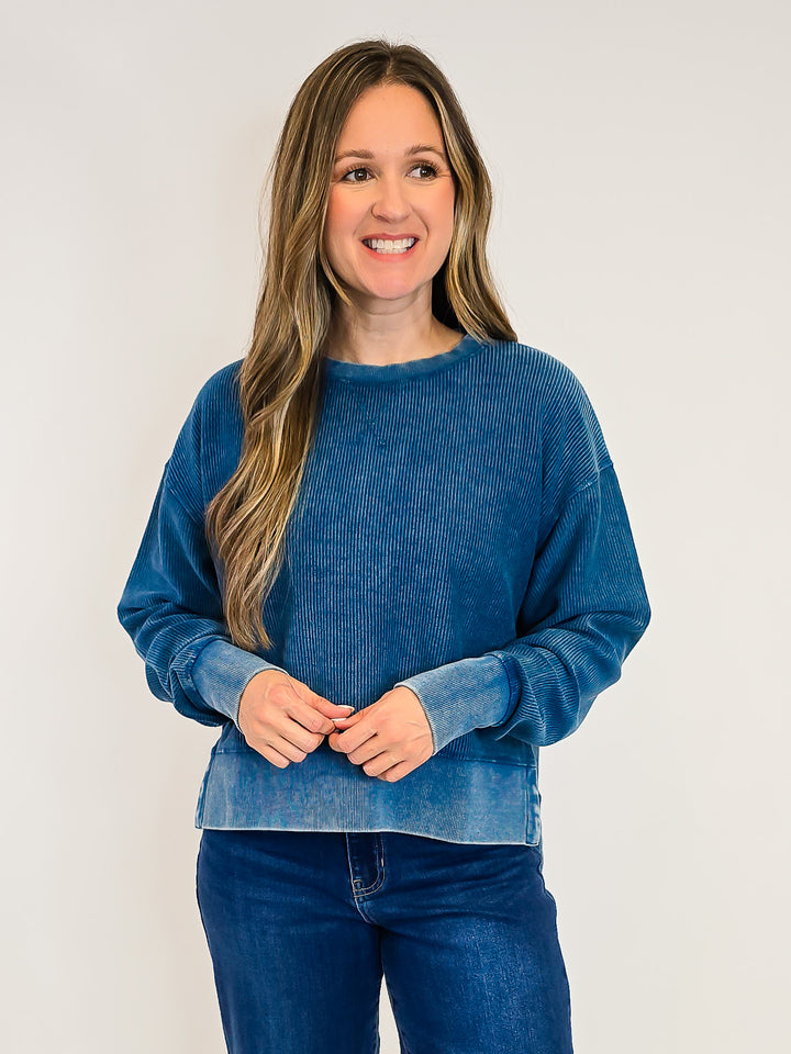 CORDED CROPPED SIDE SLIT CREW NECK PULLOVER - NAVY