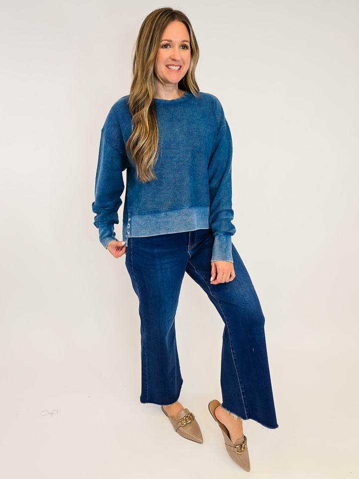 CORDED CROPPED SIDE SLIT CREW NECK PULLOVER - NAVY