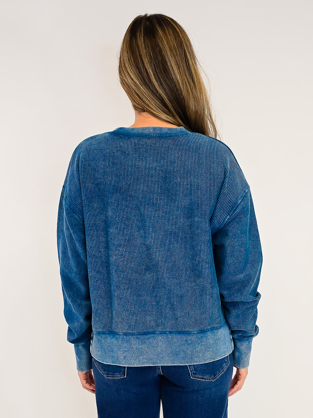 CORDED CROPPED SIDE SLIT CREW NECK PULLOVER - NAVY