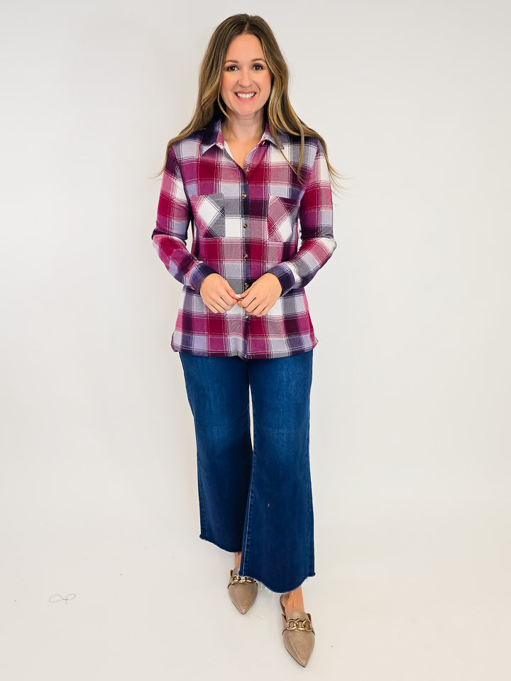 PLAID COLLARED SOFT BUTTON DOWN SHIRT - PLUM/BURGUNDY