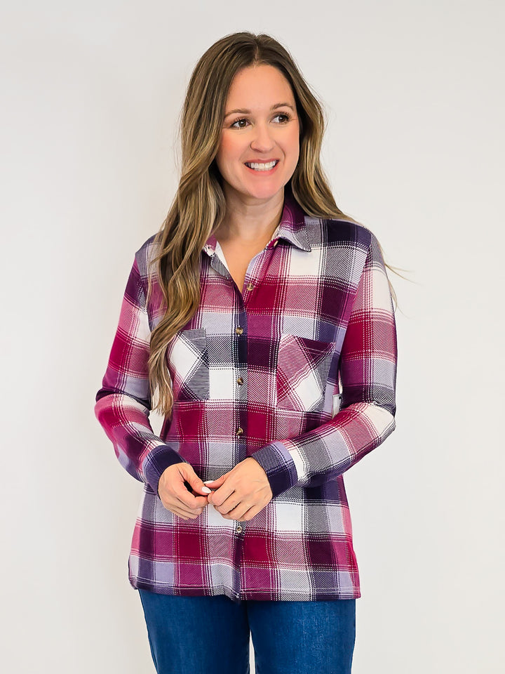PLAID COLLARED SOFT BUTTON DOWN SHIRT - PLUM/BURGUNDY