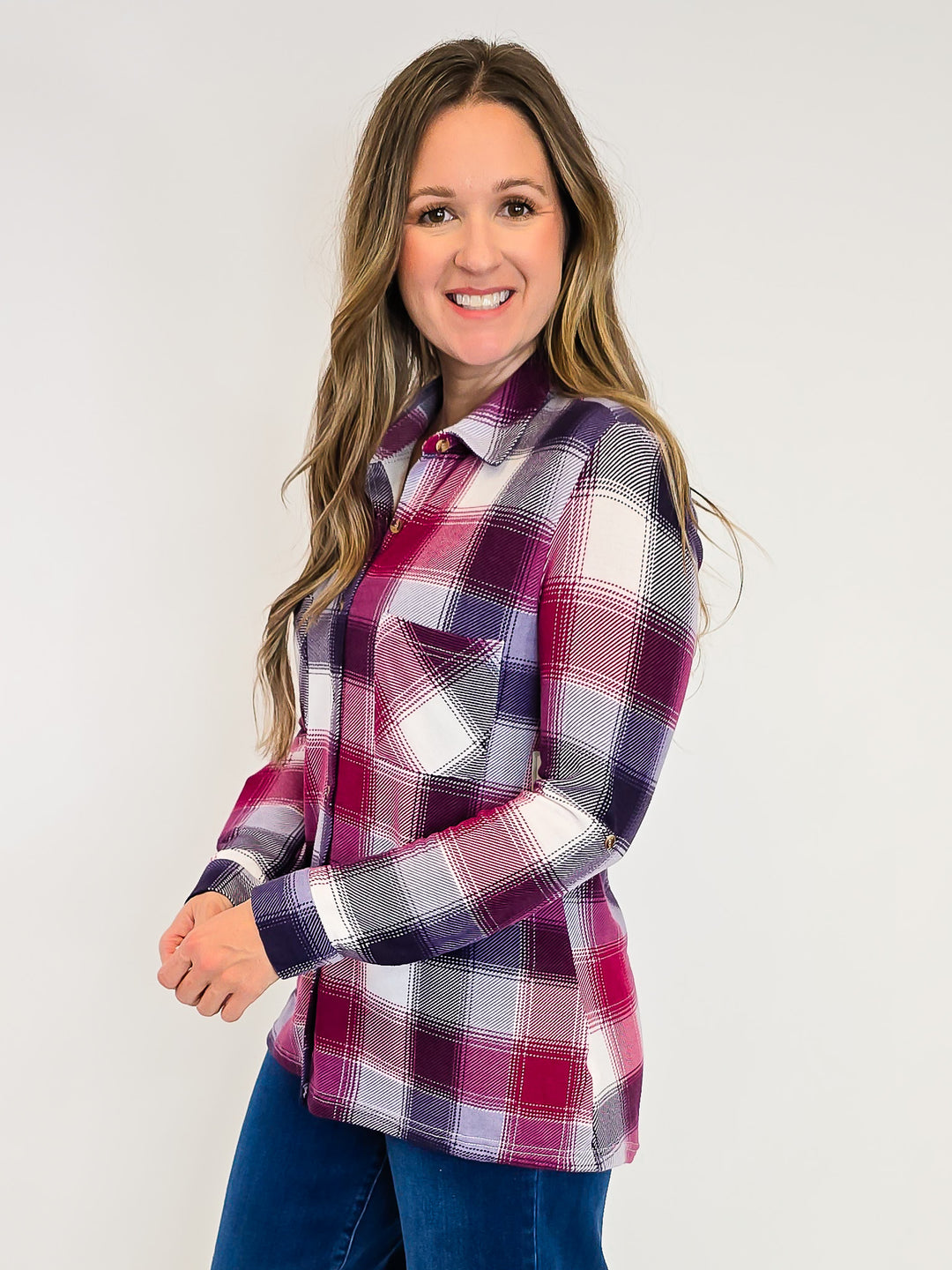 PLAID COLLARED SOFT BUTTON DOWN SHIRT - PLUM/BURGUNDY