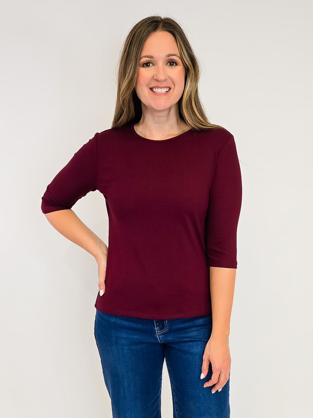 ELBOW SLEEVE SOLID KNIT TOP - MAROON