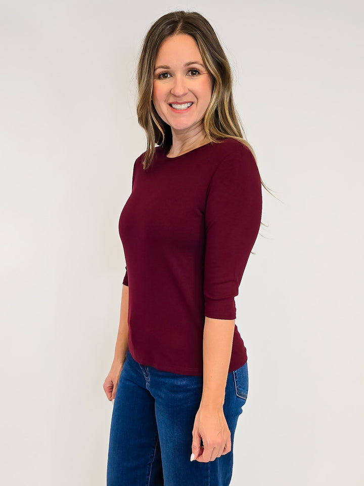 ELBOW SLEEVE SOLID KNIT TOP - MAROON