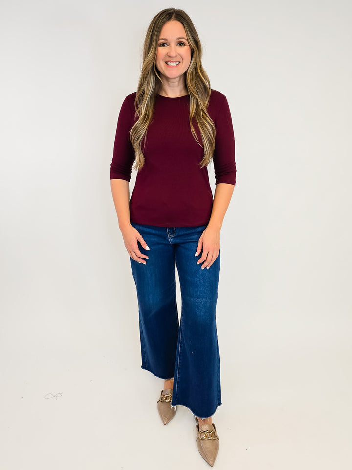 ELBOW SLEEVE SOLID KNIT TOP - MAROON