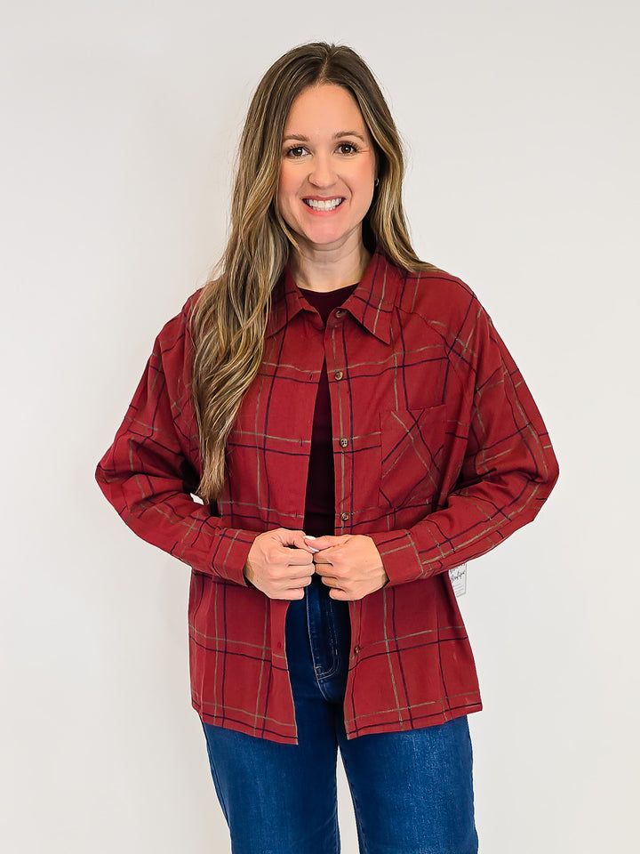 COLLARED CHECK PATTERN LONG SLEEVE SHIRT - BRICK