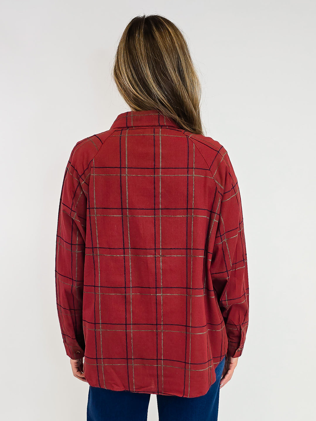 COLLARED CHECK PATTERN LONG SLEEVE SHIRT - BRICK