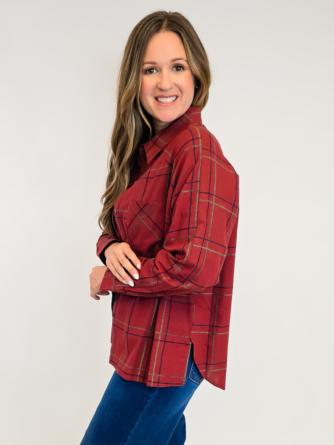 COLLARED CHECK PATTERN LONG SLEEVE SHIRT - BRICK