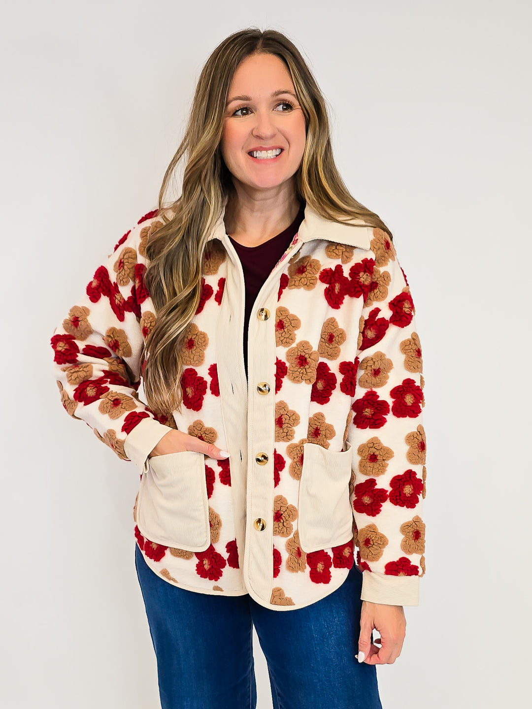 3D FLORAL BUTTON UP JACKET - RUST