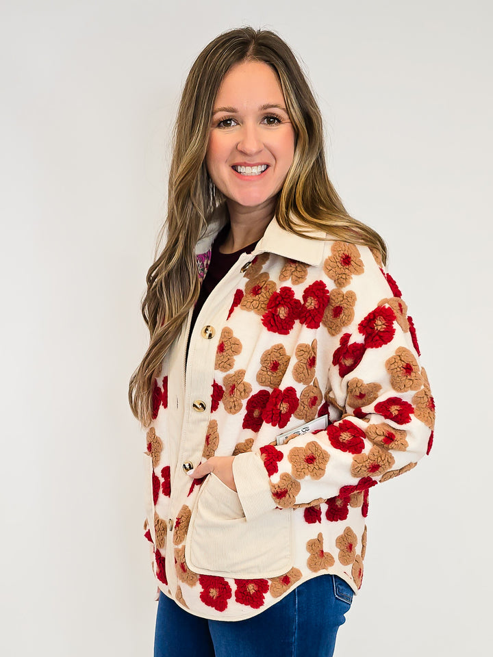 3D FLORAL BUTTON UP JACKET - RUST