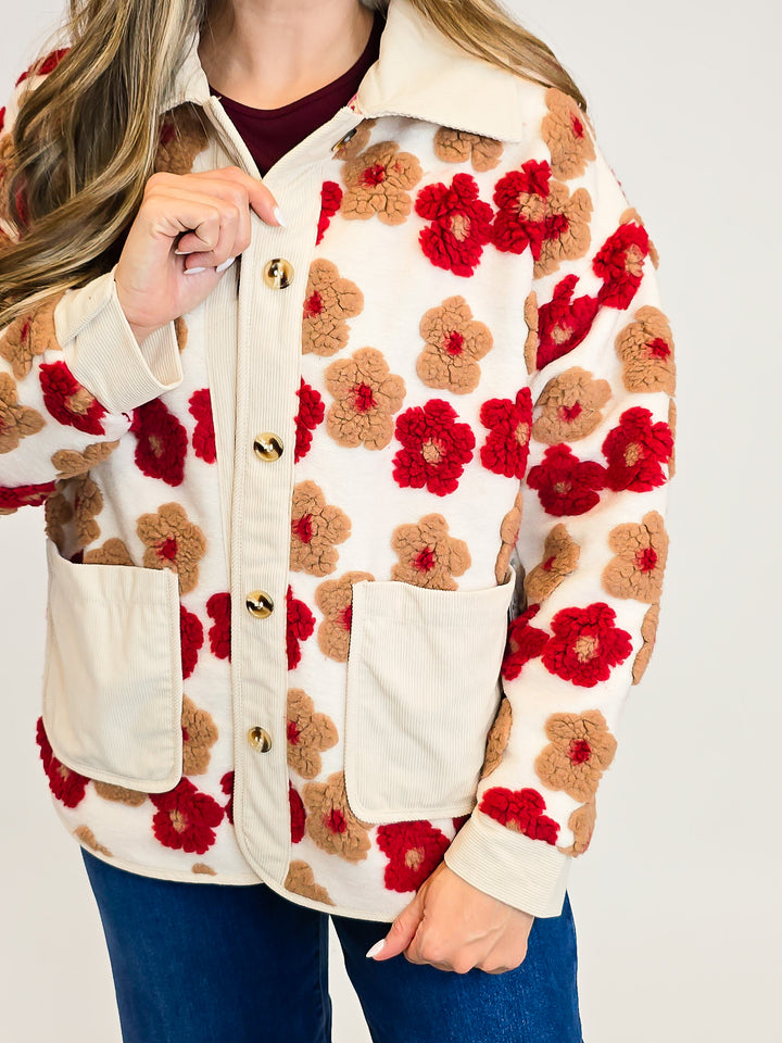 3D FLORAL BUTTON UP JACKET - RUST
