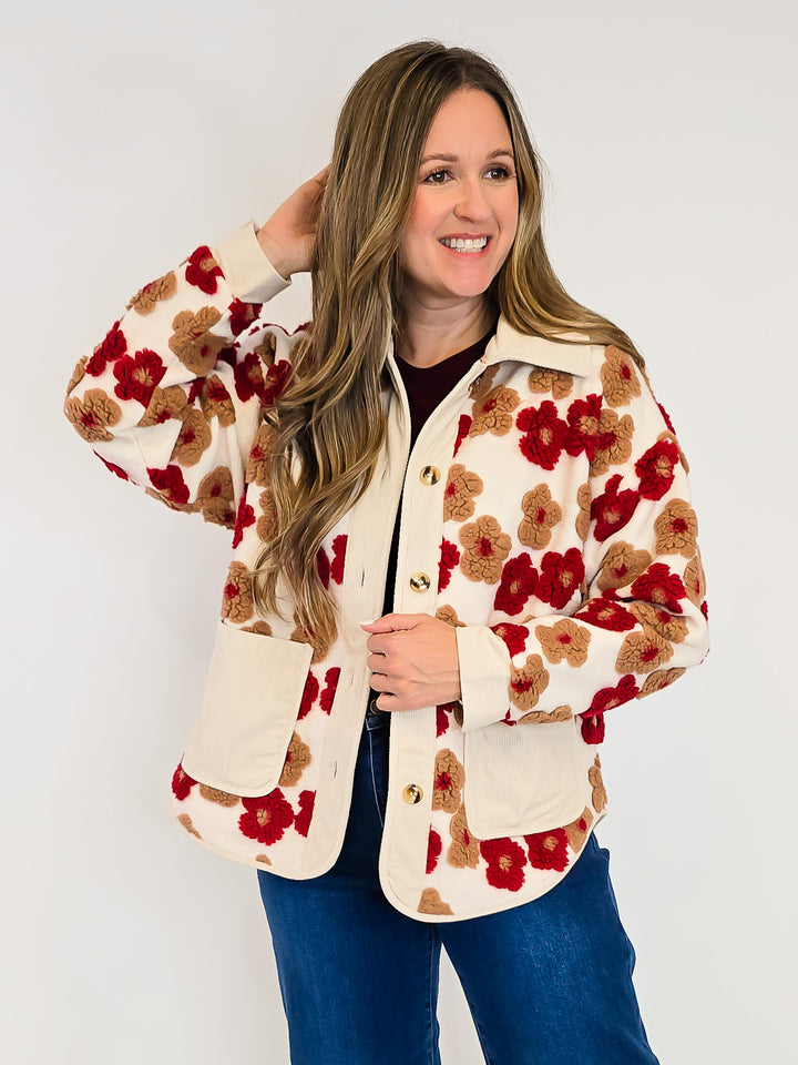 3D FLORAL BUTTON UP JACKET - RUST