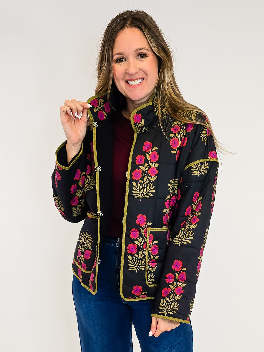 BOTANICAL PRINT QUILTED JACKET - BLACK