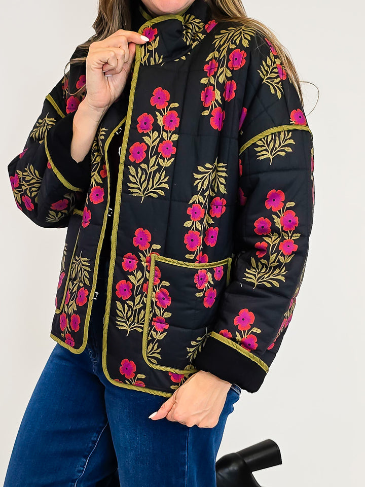BOTANICAL PRINT QUILTED JACKET - BLACK