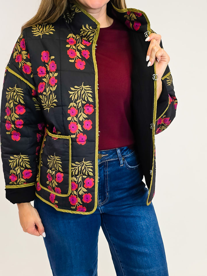 BOTANICAL PRINT QUILTED JACKET - BLACK
